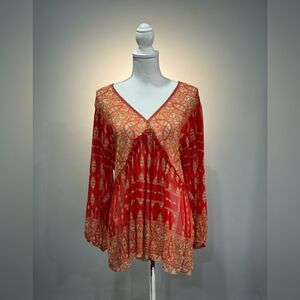 Red Rose & Olive Floral V-Neck Blouse Size L EUC